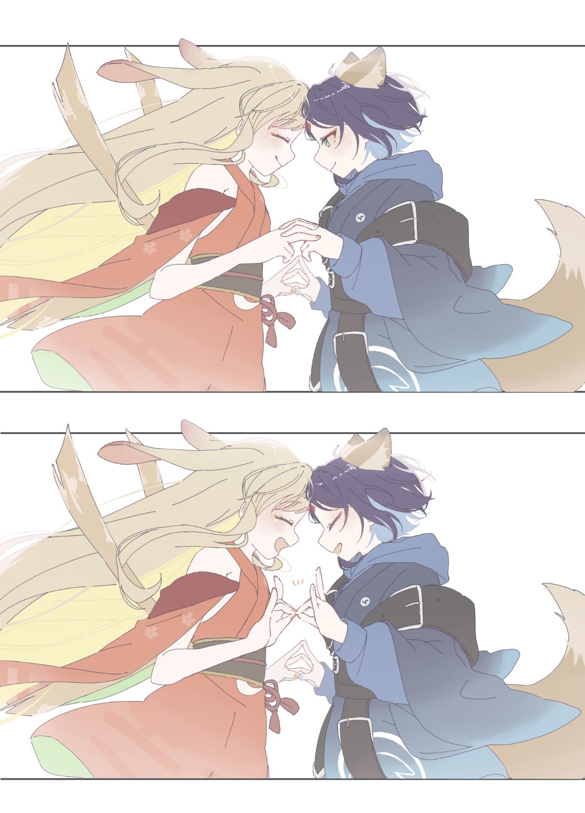 2girls, animal_ears, blonde_hair, blue_hoodie, cho_kaguya-hime!, closed_eyes, closed_mouth, commentary_request, forehead-to-forehead, fox_ears, fox_girl, fox_shadow_puppet, fox_shadow_puppet_kiss, fox_tail, green_eyes, heads_together, highres, hood, hoodie, japanese_clothes, kaguya_(cho_kaguya-hime!), kimono, kr_n_167, long_hair, multiple_girls, obi, open_mouth, purple_hair, rabbit_ears, red_kimono, sakayori_iroha, sash, short_hair, simple_background, smile, tail, white_background, yuri