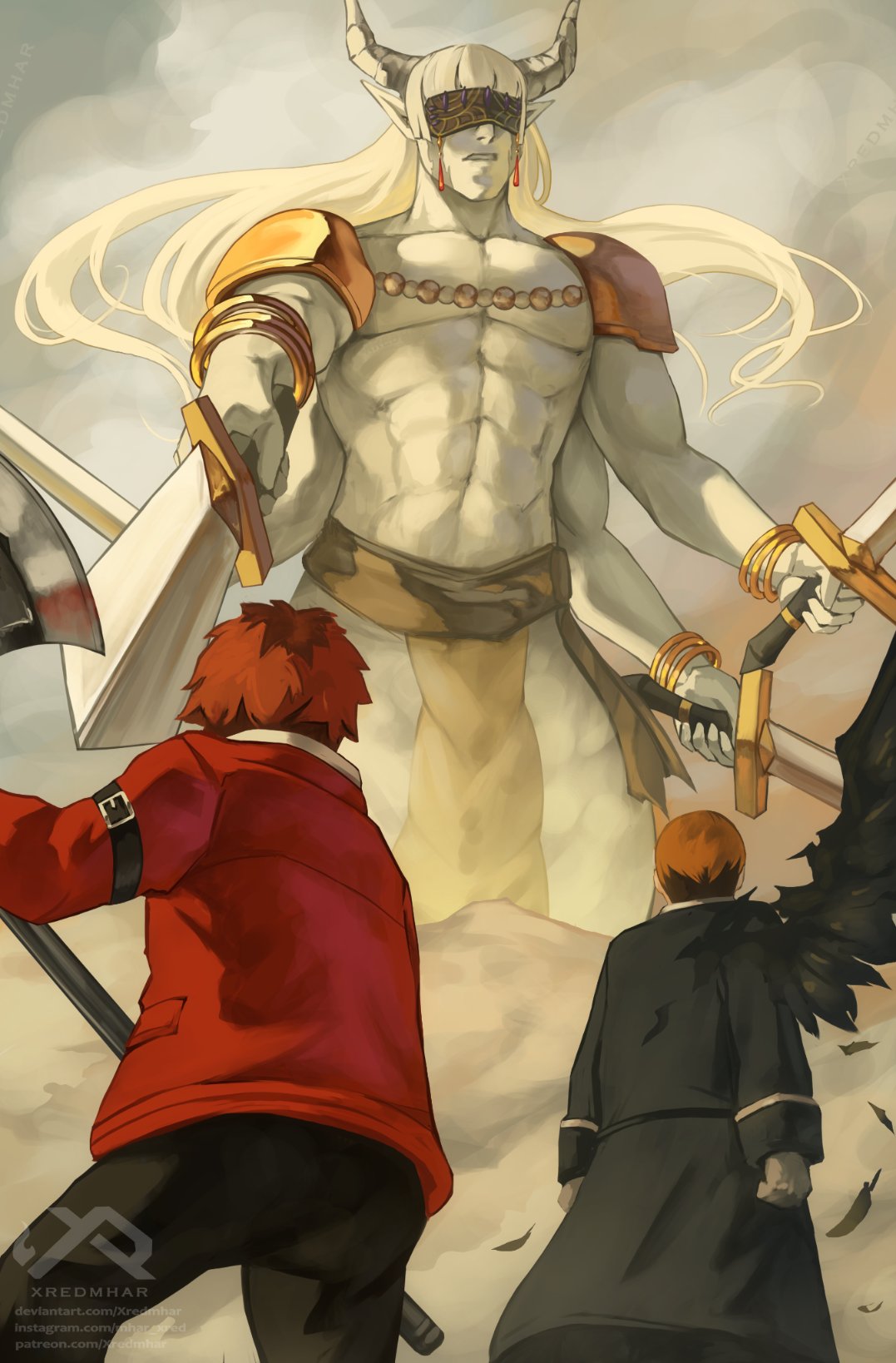 3boys, abs, axe, black_pants, black_wings, blindfold, blindfold_mask, blonde_hair