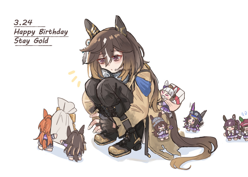 6+girls, ahoge, animal_ears, beanie, black_boots, black_gloves, black_hair, black_pants, blunt_bangs, blush, boots, bow, bowtie, box, brown_eyes, brown_hair, brown_hat, closed_eyes, closed_mouth, coat, commentary_request, dream_journey_(umamusume), ear_covers, ears_through_headwear, fenomeno_(umamusume), fingerless_gloves, flipped_hair, flying_sweatdrops, gift, gift_box, gloves, goggles, goggles_around_neck, gold_ship_(umamusume), grey_hair, grey_hat, hair_between_eyes, hat, highres, horse_ears, horse_girl, horse_tail, long_hair, long_sleeves, lucky_lilac_(umamusume), marche_lorraine_(umamusume), mini_person, minigirl, multicolored_hair, multiple_girls, nakayama_festa_(umamusume), open_mouth, orange_hair, orfevre_(umamusume), pants, peaked_cap, pillbox_hat, pleated_skirt, purple_hair, purple_sailor_collar, purple_serafuku, purple_shirt, purple_skirt, sailor_collar, sailor_shirt, school_uniform, serafuku, shirt, side_ponytail, skirt, songdu, stay_gold_(sunlit_outsider)_(umamusume), stay_gold_(umamusume), stay_gold_clan_(umamusume), tail, teeth, tracen_school_uniform, two-tone_hair, umamusume, umamusume_horse_relations, white_bow, white_bowtie, white_hair, white_shirt, yellow_coat