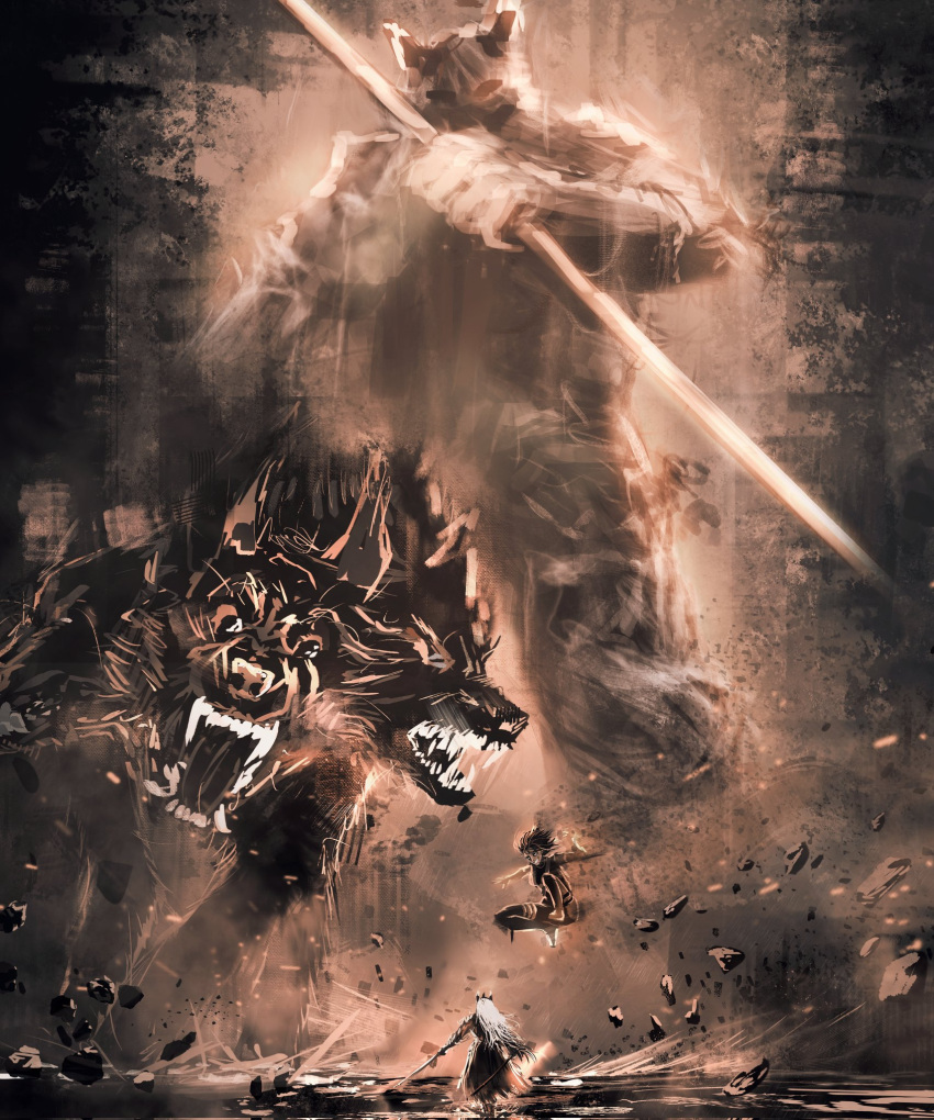 1boy, 1other, animal, artskiddy69, black_robe, canon_event, creature, embers