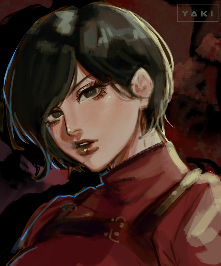 1girl, ada_wong, aegyo_sal, black_eyes, black_hair, chest_belt, chest_holster, copyright_request, head_tilt, high_collar, highres, looking_at_viewer, parted_lips, portrait, red_lips, resident_evil, short_hair, solo, yaki_ari