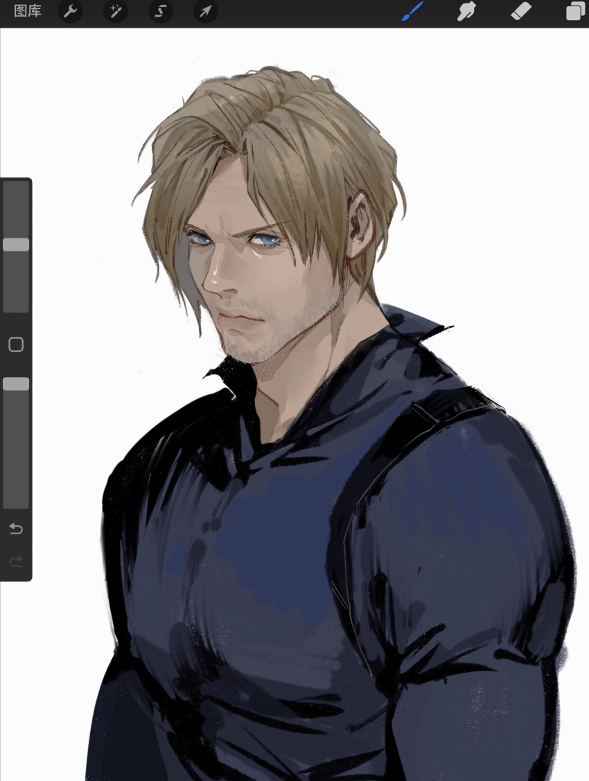 1boy, art_program_in_frame, blonde_hair, blue_shirt, chest_holster, chinese_text, collared_shirt, furrowed_brow