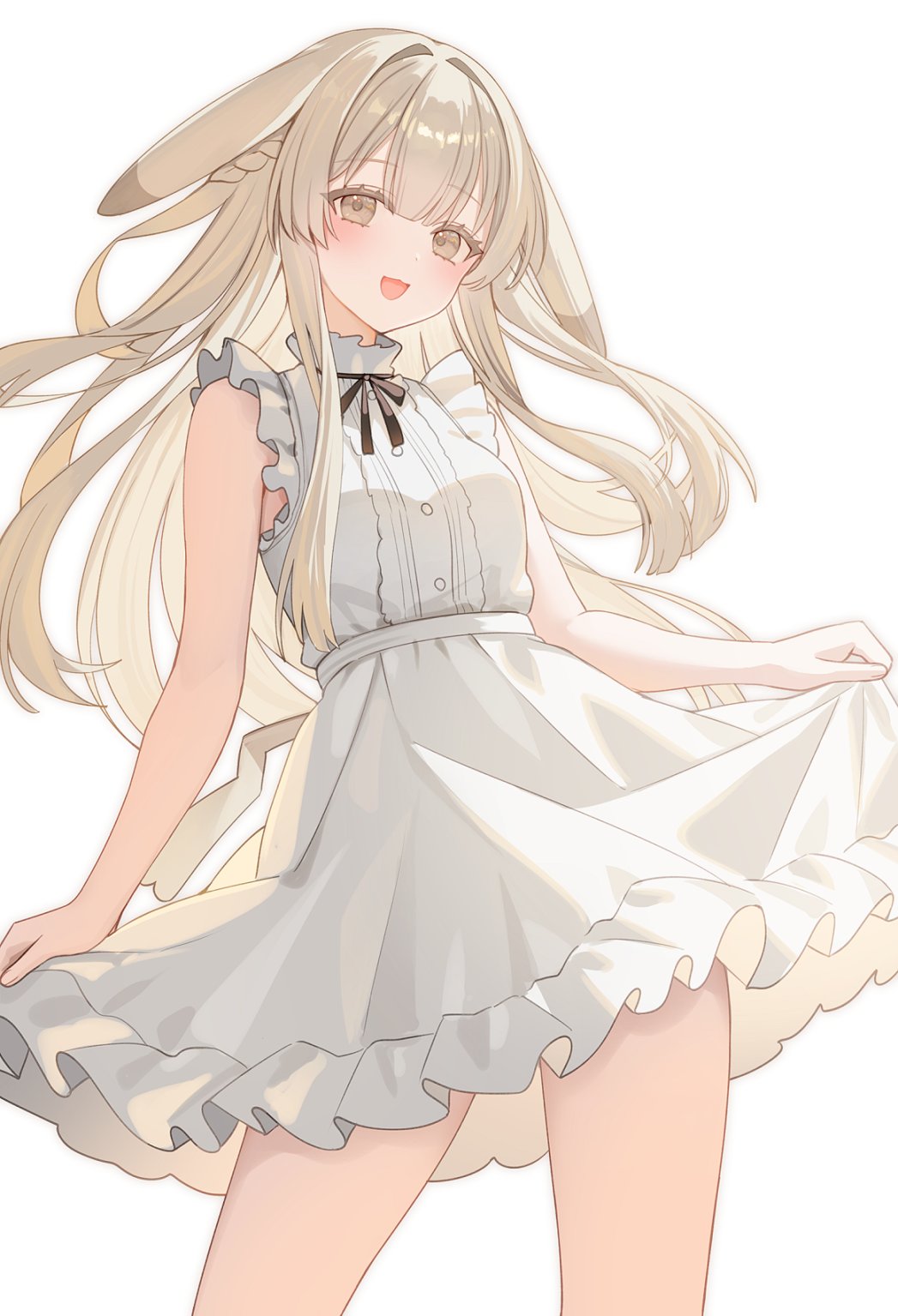 1girl, :d, blush, brown_eyes, brown_hair, commentary_request, dress, droopy_ears