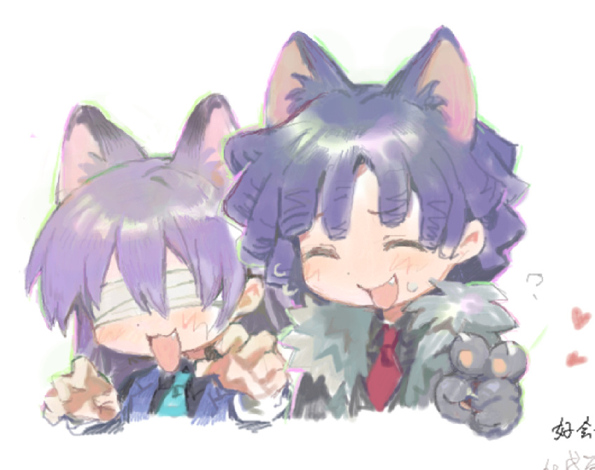2girls, :3, :d, ?, ^_^, animal_ears, animal_hands, bandages