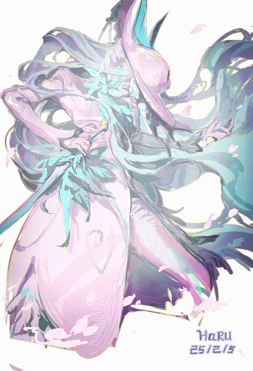 1girl, blue_hair, dated, dress, hand_on_own_hip, hat, highres, holding