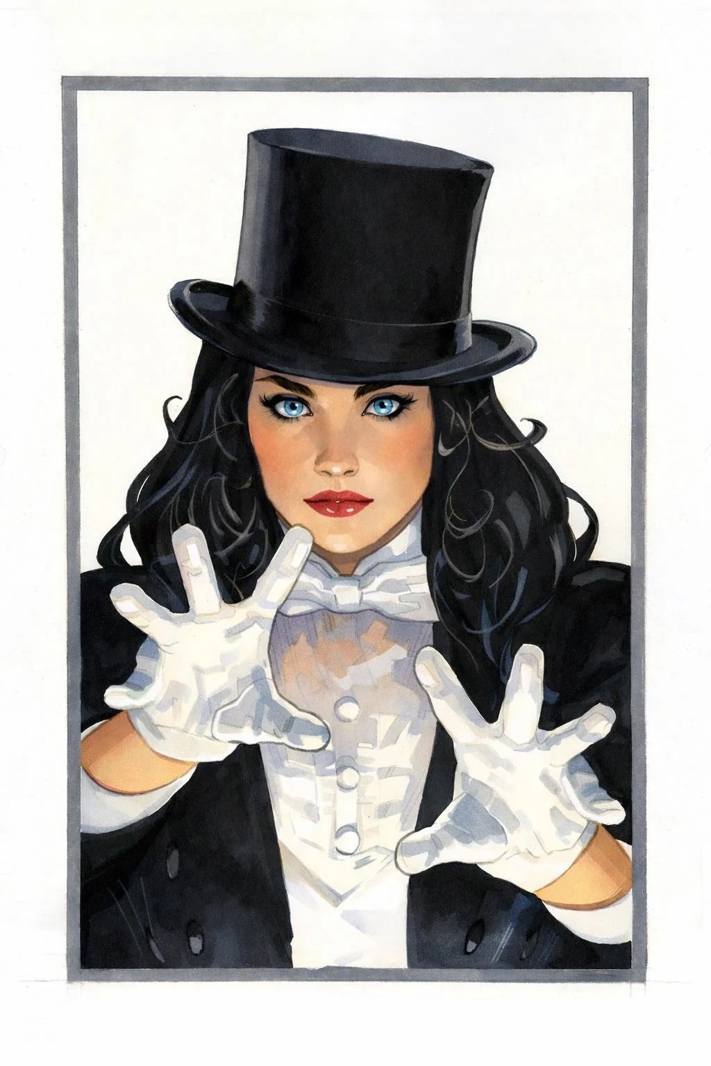 adam_hughes, black_hair, black_tailcoat, blue_eyes, border, bow, bowtie, buttons