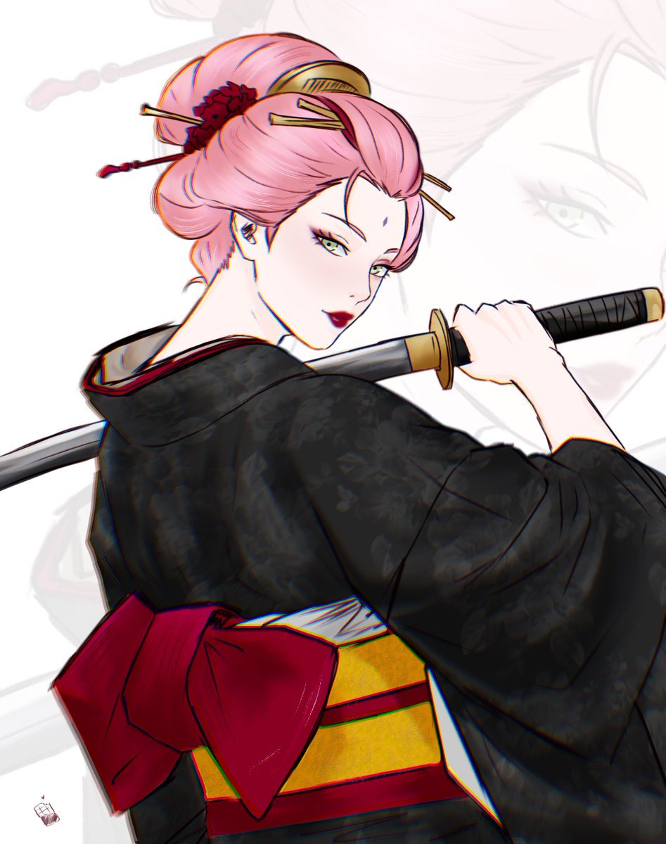 1girl, black_kimono, chococurrent, close-up, commentary, english_commentary, eyelashes, eyeshadow