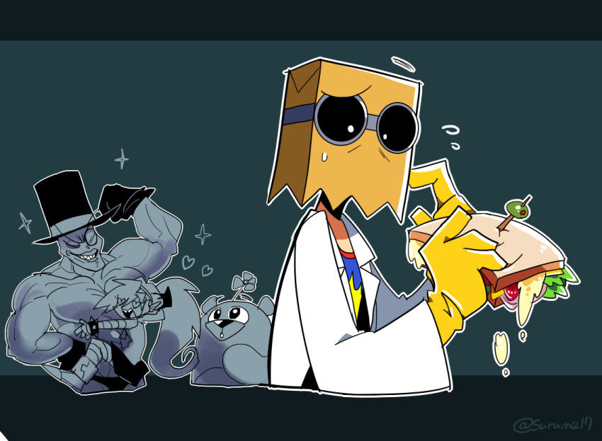 1girl, 3boys, 5.0.5., bag_on_head, demencia, dr._flug, food, gloves, goggles, hat, heart, heart-shaped_eyes, holding, holding_food, holding_sandwich, lab_coat, long_hair, multiple_boys, muscular, muscular_male, open_mouth, pectorals, ponytail, sandwich, sharp_teeth, smile, sparkle, surume17, teeth, top_hat, upper_body, villainous, yellow_gloves