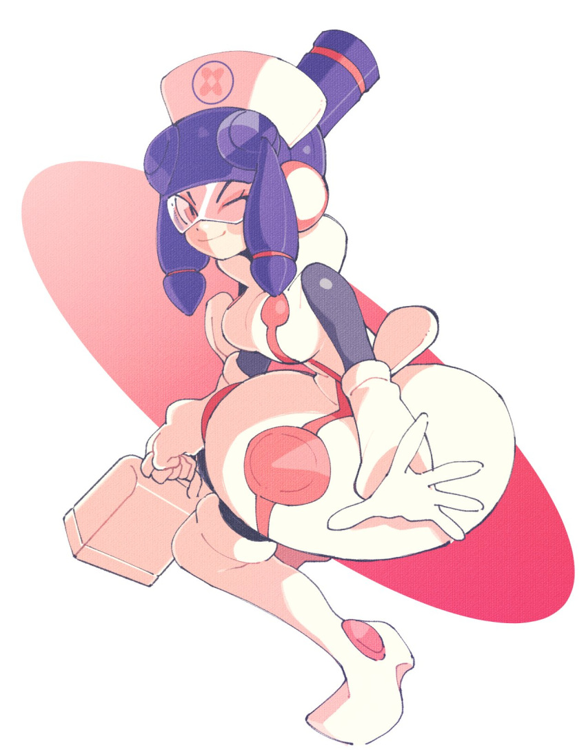 1girl, assault_visor, black_bodysuit, bodysuit, boots, dress, first_aid_kit, full_body, gloves, hat, highres, holding_first_aid_kit, inkerton-kun, knee_boots, looking_at_viewer, meddy.exe_(mega_man), mega_man_(series), mega_man_battle_network_(series), metal_hair, netnavi, nurse, nurse_cap, one_eye_closed, purple_hair, red-tinted_eyewear, smile, solo, tinted_eyewear, white_boots, white_dress, white_gloves