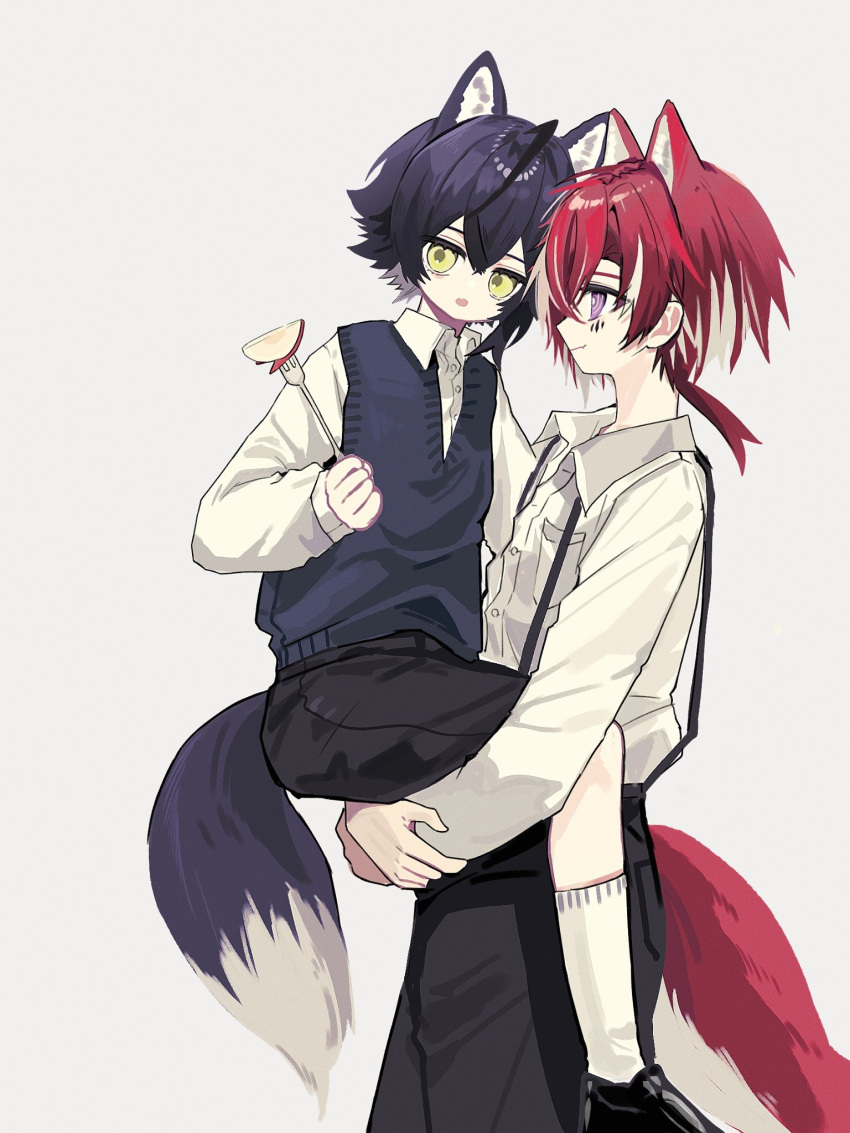 2boys, animal_ears, arknights, baoshi_xiao_niao, bellone_(arknights), black_hair, black_pants, carrying