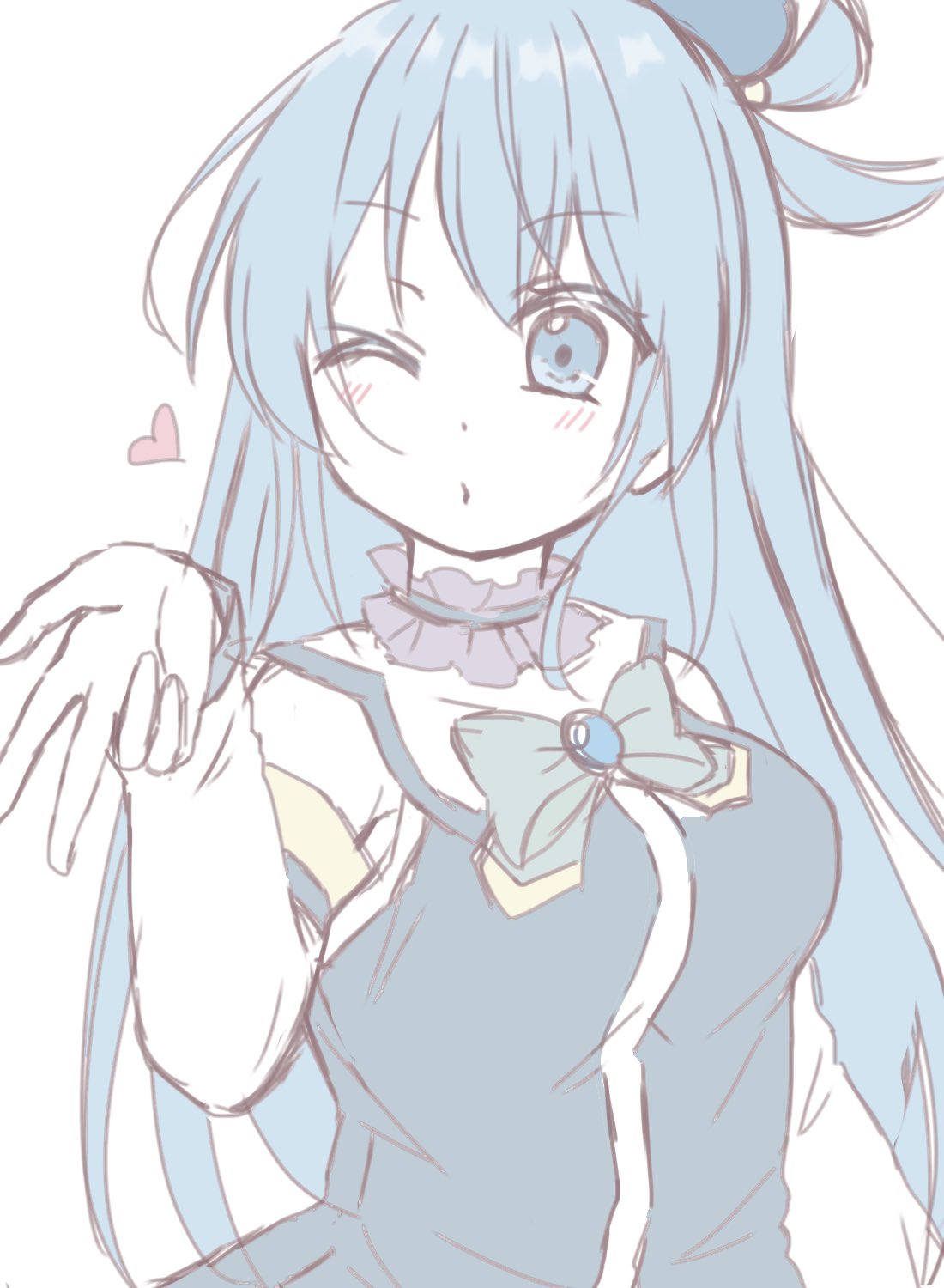 1girl, ;o, aqua_(konosuba), blue_eyes, blue_hair, bow, breasts, commentary_request