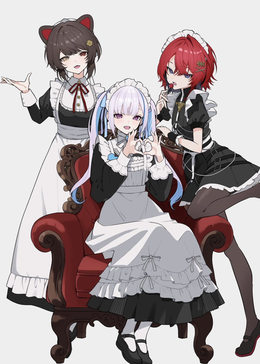 3girls, :d, ange_katrina, animal_ears, apron, armchair, bib_collar, black_dress