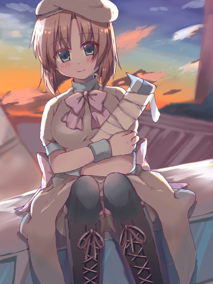 1girl, blue_eyes, blush, boots, bow, bowtie, commentary_request, dress