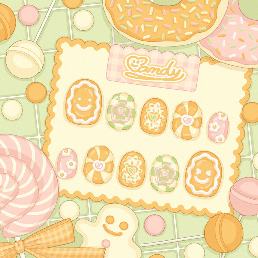 bow, candy, checkered_background, checkered_bow, checkered_clothes, commentary, doughnut, english_commentary