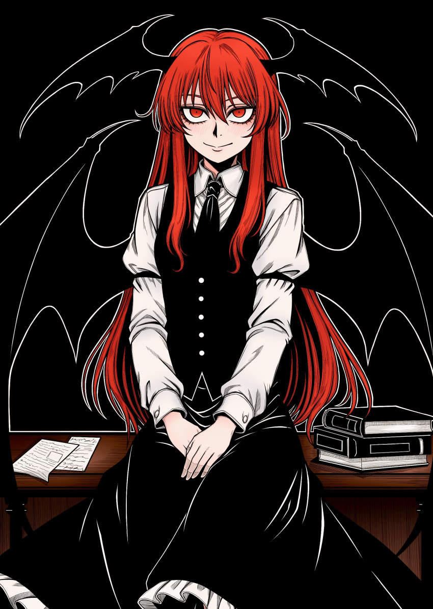 1girl, absurdres, black_necktie, black_skirt, black_vest, book, closed_mouth, collared_shirt