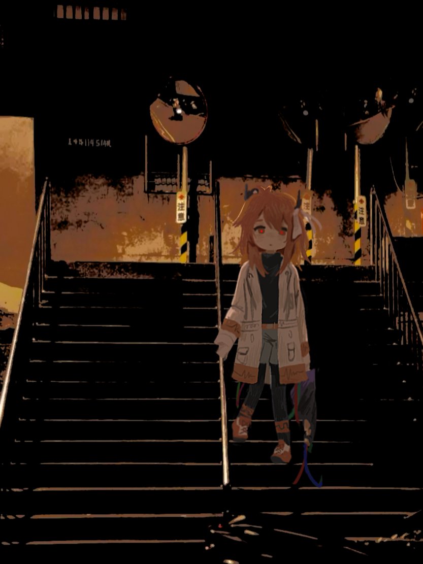 1girl, a.i._voice, adachi_rei, black_pantyhose, black_shirt, expressionless, grey_shorts, hand_on_railing