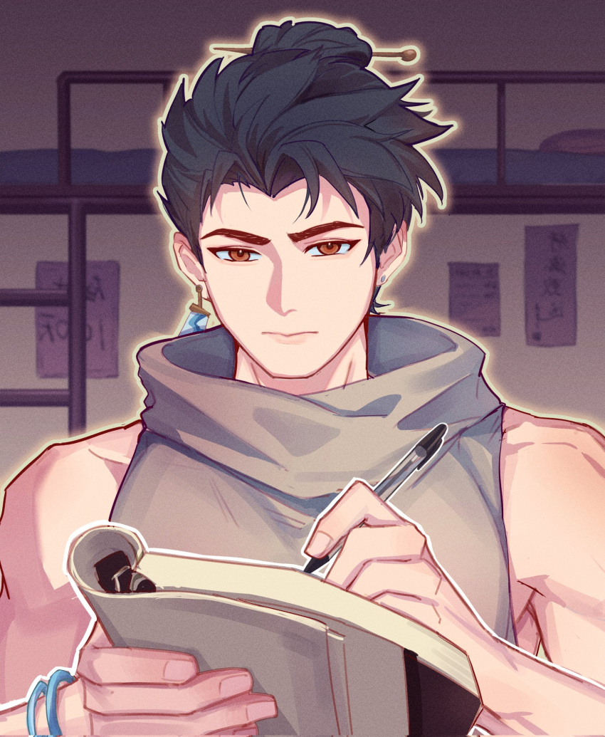 1boy, bare_shoulders, black_hair, bracelet, brown_eyes, collarbone, commentary_request, dondonri_hh