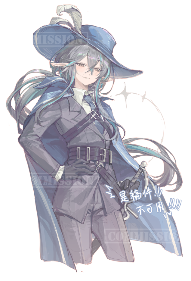 1girl, black_gloves, black_jacket, black_pants, blue_hat, blue_necktie, blue_streaks, collared_shirt