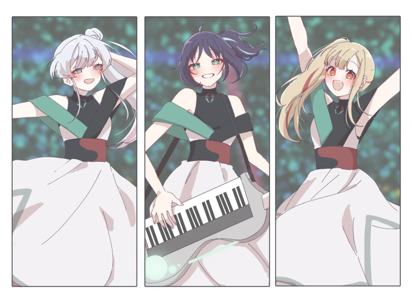 3girls, arms_up, bare_shoulders, black_hair, blonde_hair, blue_eyes, cho_kaguya-hime!, commentary