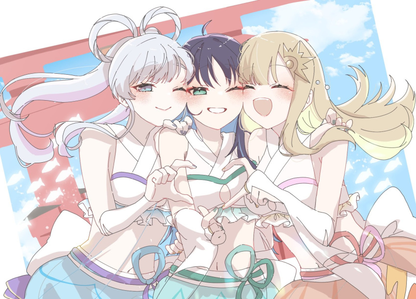 3girls, black_hair, blue_eyes, blue_hair, cho_kaguya-hime!, closed_eyes, colored_inner_hair, commentary