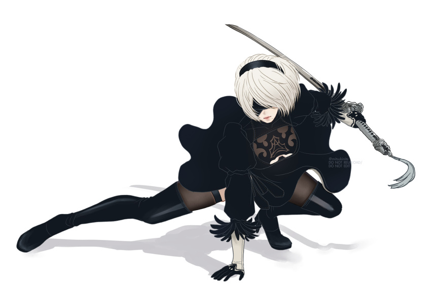 1girl, 2b_(nier:automata), artist_name, black_boots, black_hairband, blindfold, boots, breasts