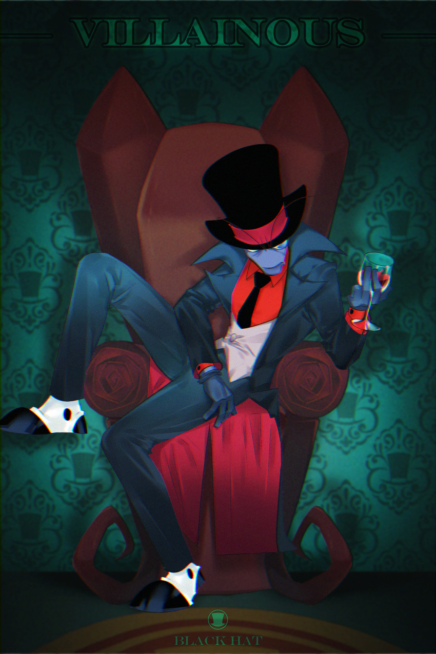 1boy, absurdres, alcohol, black_coat, black_hat, black_hat_(villainous), black_necktie, black_pants, black_shoes, buttons, character_name, closed_mouth, coat, collared_shirt, colored_skin, copyright_name, cup, full_body, gloves, grey_skin, hat, highres, holding, holding_cup, insistcurrency, male_focus, monocle, multicolored_shoes, necktie, open_clothes, open_coat, pants, red_shirt, shirt, shoes, sitting, solo, top_hat, two-tone_shoes, villainous, white_shoes, wine
