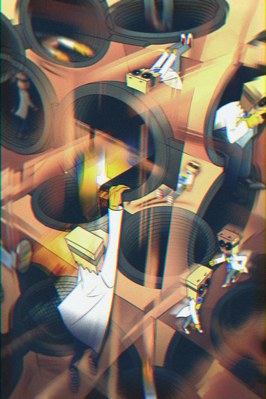 1boy, absurdres, arm_up, bag_on_head, blue_pants, coat, dr._flug, from_behind