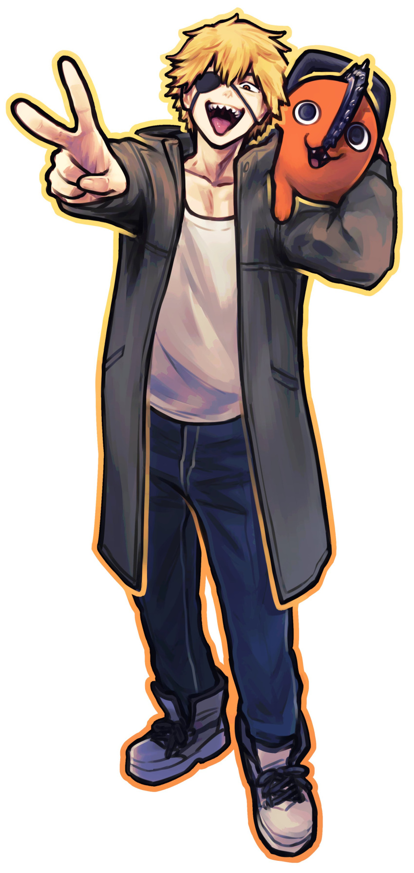 1boy, absurdres, blonde_hair, chainsaw, chainsaw_man, commentary, denji_(chainsaw_man), english_commentary