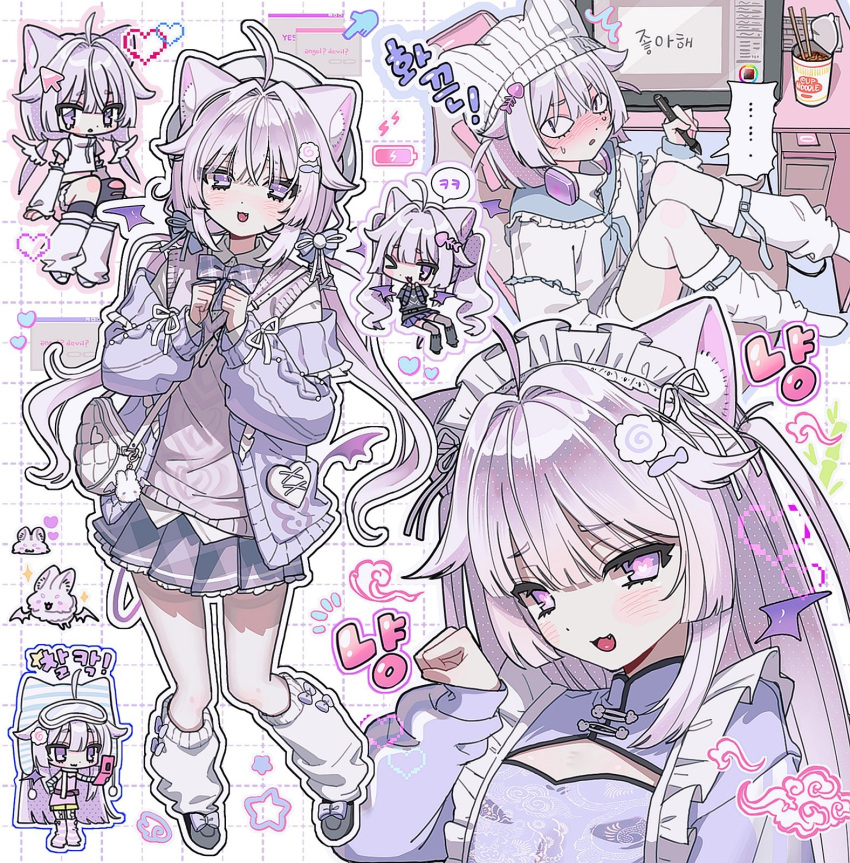 1girl, :3, animal_ears, cat_ears, chibi, commission, cross-laced_bag, hair_ribbon