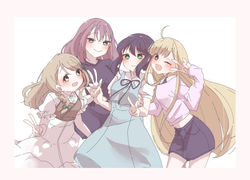 4girls, ayatsumugi_roka, black_hair, black_skirt, blonde_hair, blue_eyes, blue_skirt, bow