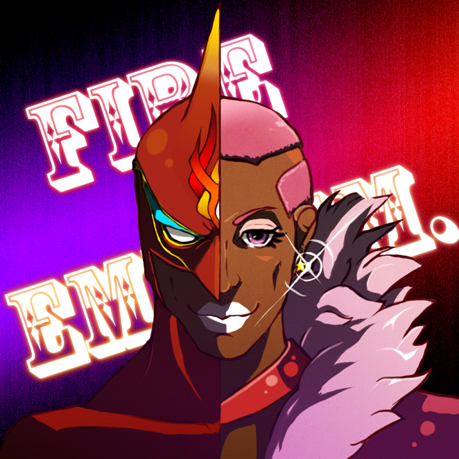 dark_skin, dual_persona, earrings, fire_emblem_(tiger_&amp;_bunny), fur_trim, jewelry, lipstick, makeup, male, mask, nakkushi, nathan_seymour, pink_eyes, pink_hair, short_hair, solo, spandex, superhero, tiger_&amp;_bunny