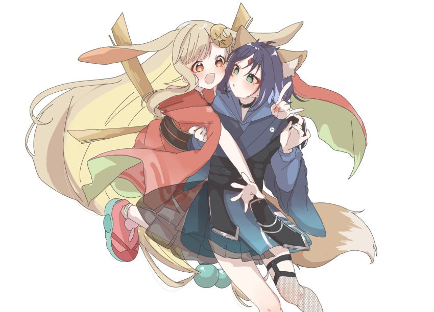 2girls, animal_ears, black_hair, blonde_hair, blue_hair, blue_kimono, cho_kaguya-hime!, commentary