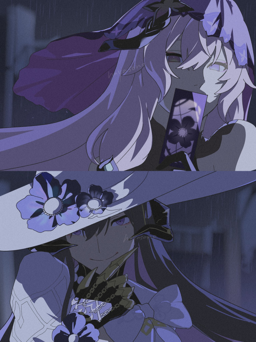 2girls, black_hair, black_swan_(honkai:_star_rail), card, claw_ring, commentary, covering_own_mouth, flower