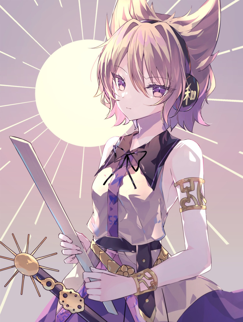 1girl, armlet, bare_shoulders, blonde_hair, bracelet, commentary_request, dress, earmuffs, hamonika_monika, highres, holding, jewelry, looking_at_viewer, purple_hair, short_hair, sleeveless, sleeveless_dress, solo, sun, touhou, toyosatomimi_no_miko
