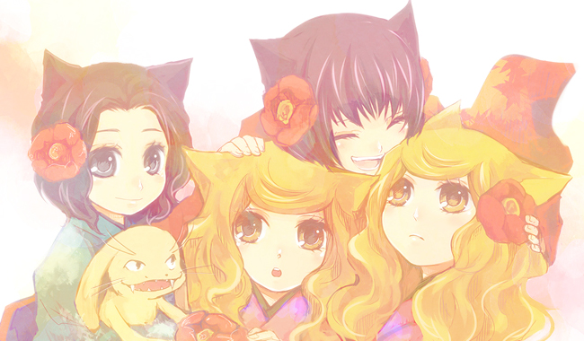 black_eyes, black_hair, blonde_hair, bonbori, closed_eyes, eyes_closed, flower, fox_ears