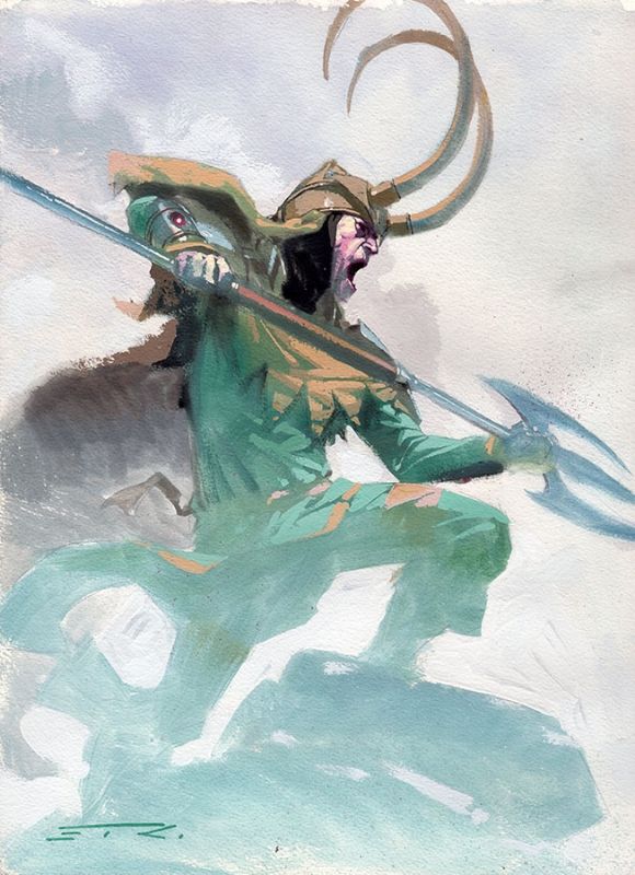 1boy, esad_ribic, fake_horns, gold_helmet, green_pants, green_tunic, grey_background, helmet