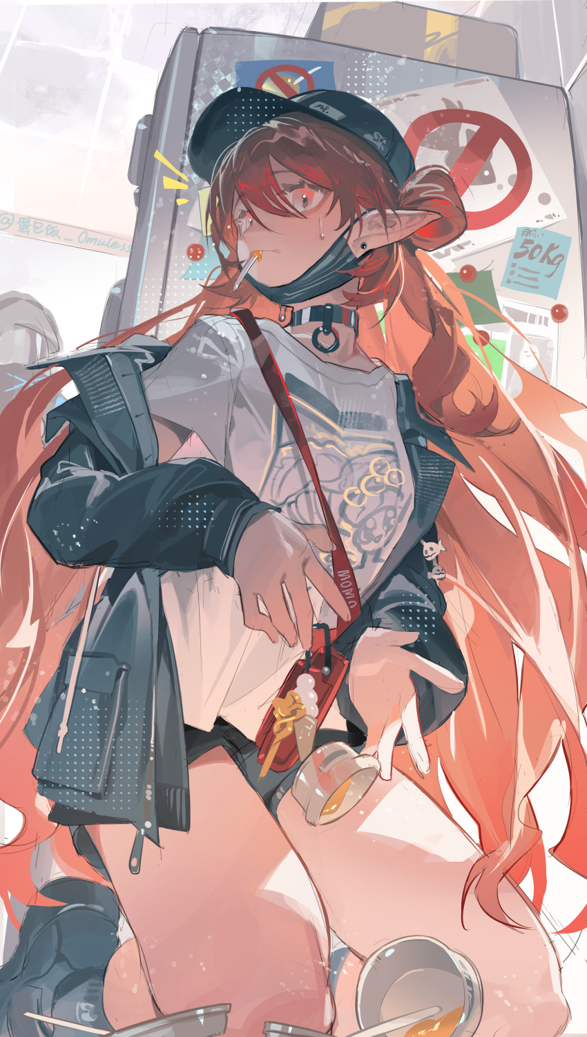 1girl, absurdres, arknights, artist_name, bag, baseball_cap, black_choker, black_hat, black_jacket, black_mask, black_shoes, black_shorts, choker, danbaofan_omuless, haruka_(arknights), haruka_(casual)_(arknights), hat, highres, jacket, kneeling, long_hair, long_sleeves, mask, mouth_mask, open_clothes, open_jacket, pointy_ears, red_eyes, red_hair, shirt, shoes, short_sleeves, shorts, shoulder_bag, solo, sweatdrop, twitter_username, white_shirt