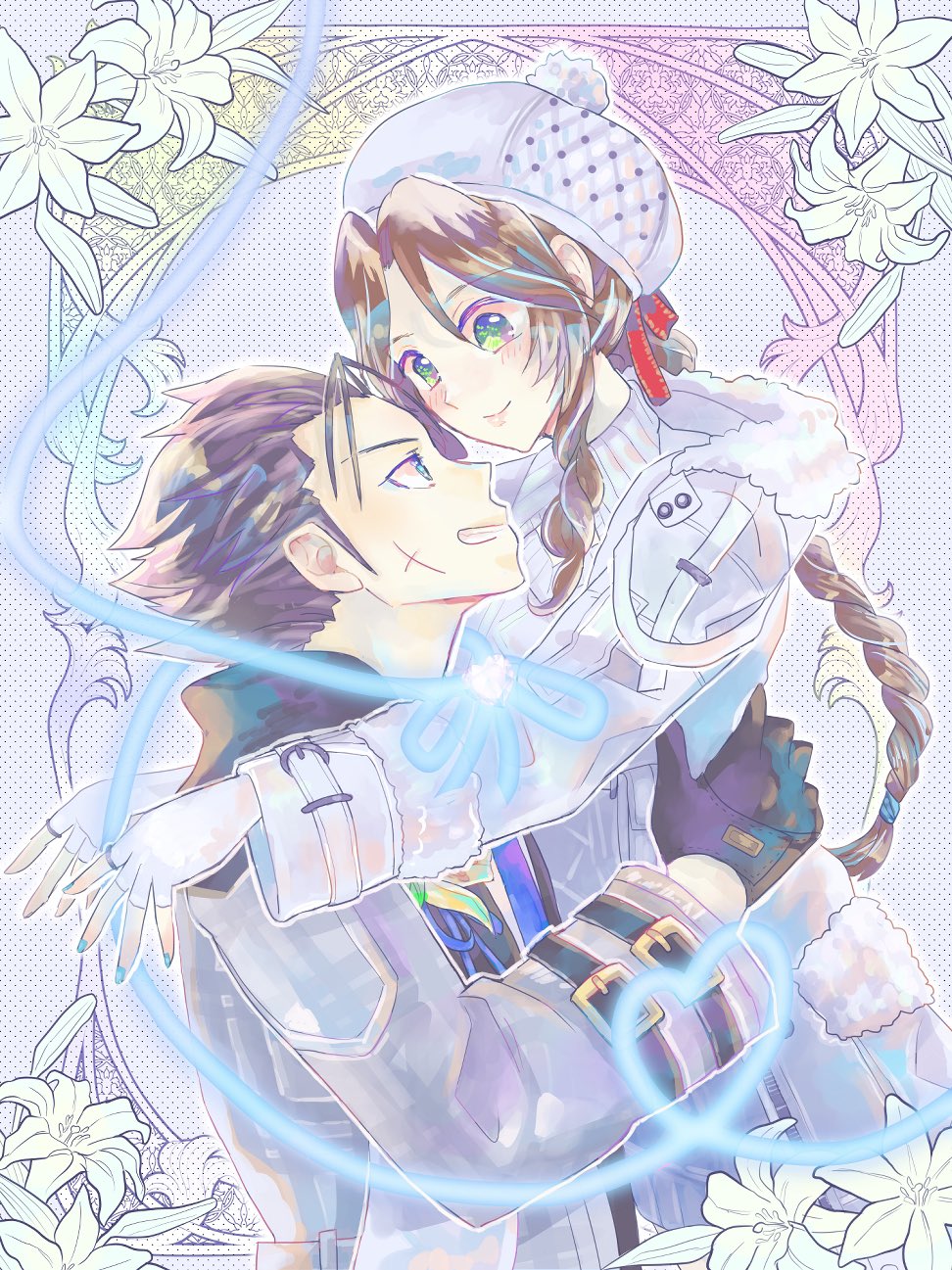 1boy, 1girl, aerith_gainsborough, aerith_gainsborough_(fairy_of_snowfall), black_hair, braid, braided_ponytail, brown_hair