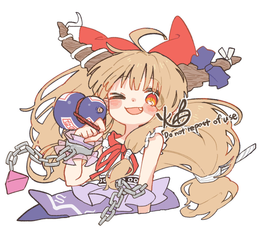 1girl, ahoge, blonde_hair, blush_stickers, bow, chain, chained_wrists, commentary