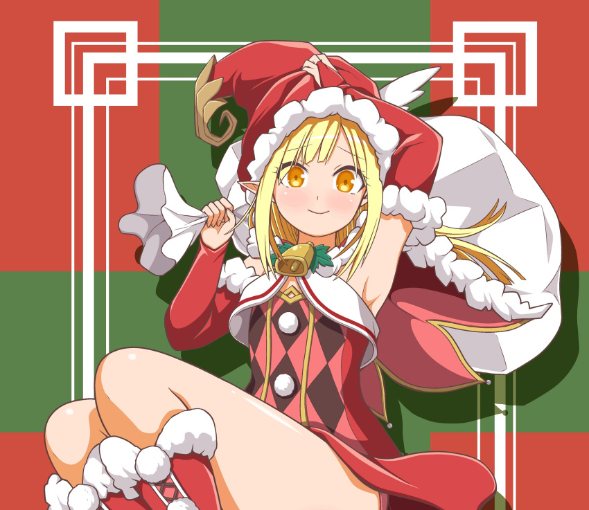 1boy, androgynous, arm_up, armpits, bell, blonde_hair, blush, boots