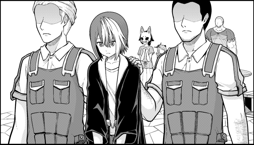 2girls, 4boys, arrest, bulletproof_vest, buzz_cut, closed_mouth, collarbone, collared_shirt