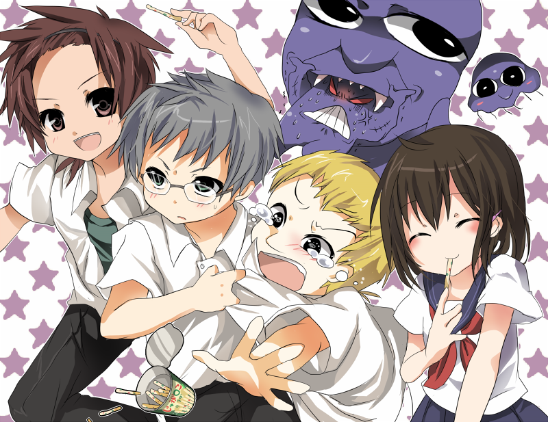ao_oni, black_hair, blonde_hair, brown_eyes, brown_hair, emia, glasses, green_eyes