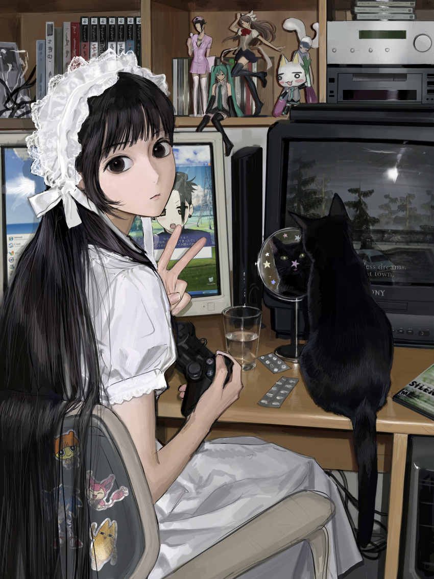 1girl, absurdres, bingi, black_cat, brown_eyes, cat, chair, controller