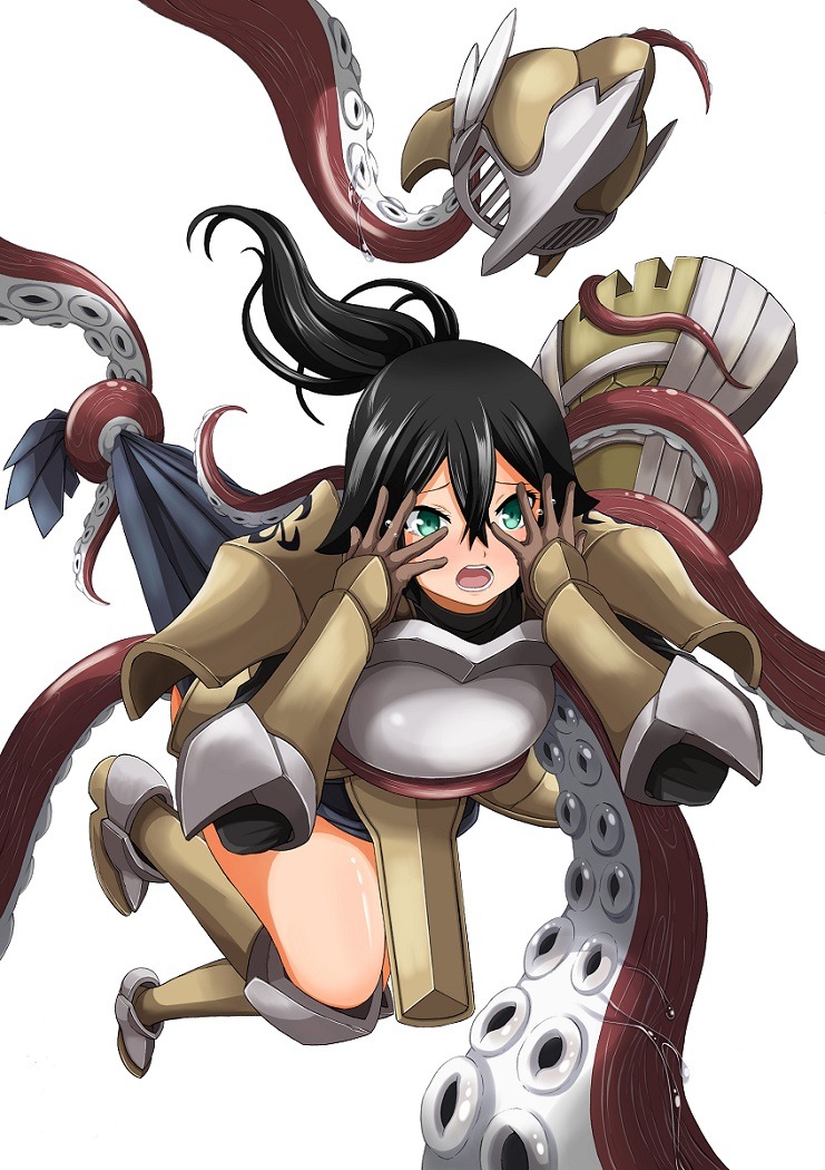 1girl, armor, black_hair, blush, bound, brown_gloves, commentary_request, covering_own_face