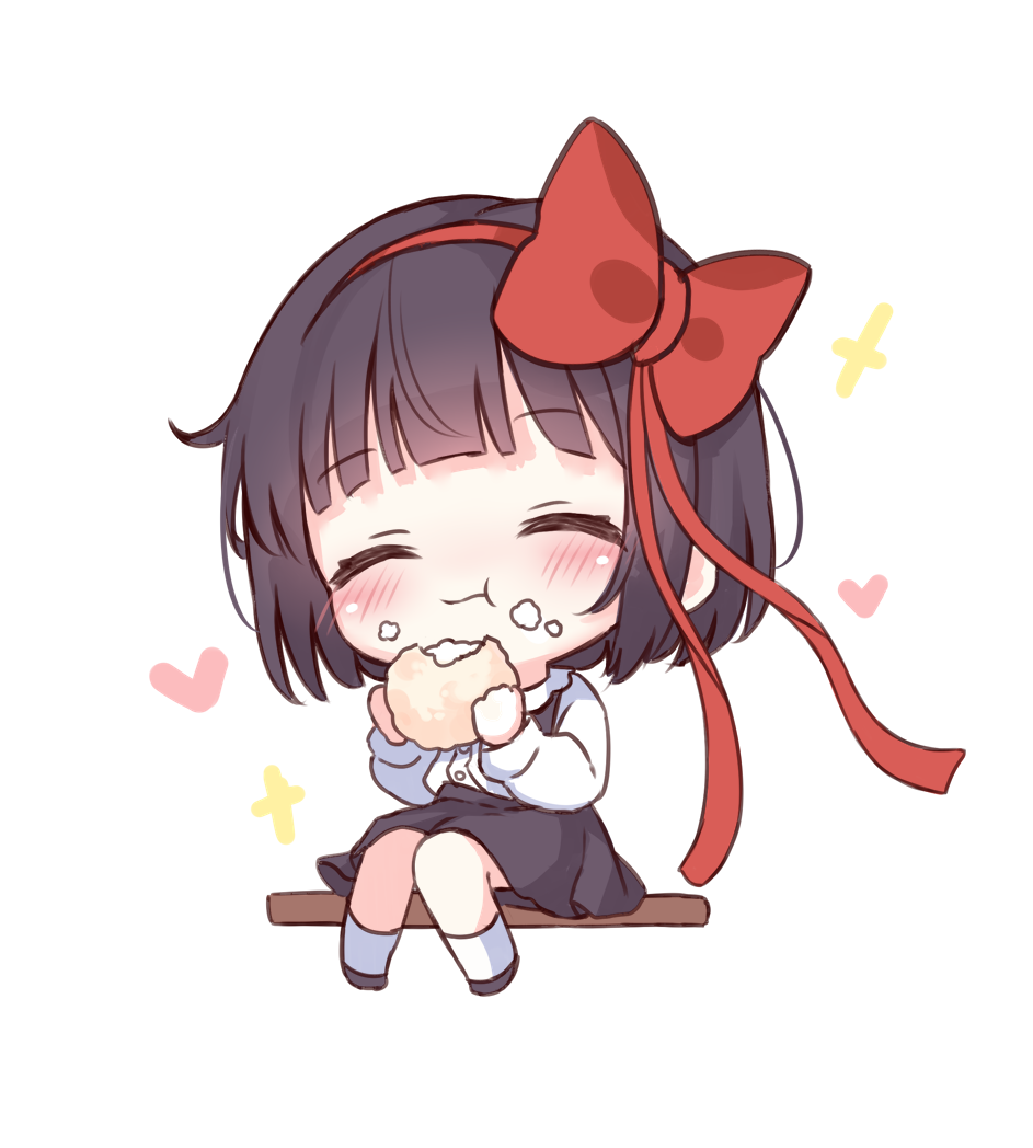 1girl, ^_^, black_hair, black_shoes, black_skirt, blush, bow, chibi, chibi_only, closed_eyes, commentary_request, eating, food, full_body, hair_bow, heart, holding, holding_food, ichiya_runa_(mamamamave), miria_(mamamamave), original, red_bow, shirt, shoes, sitting, skirt, socks, white_shirt, white_socks