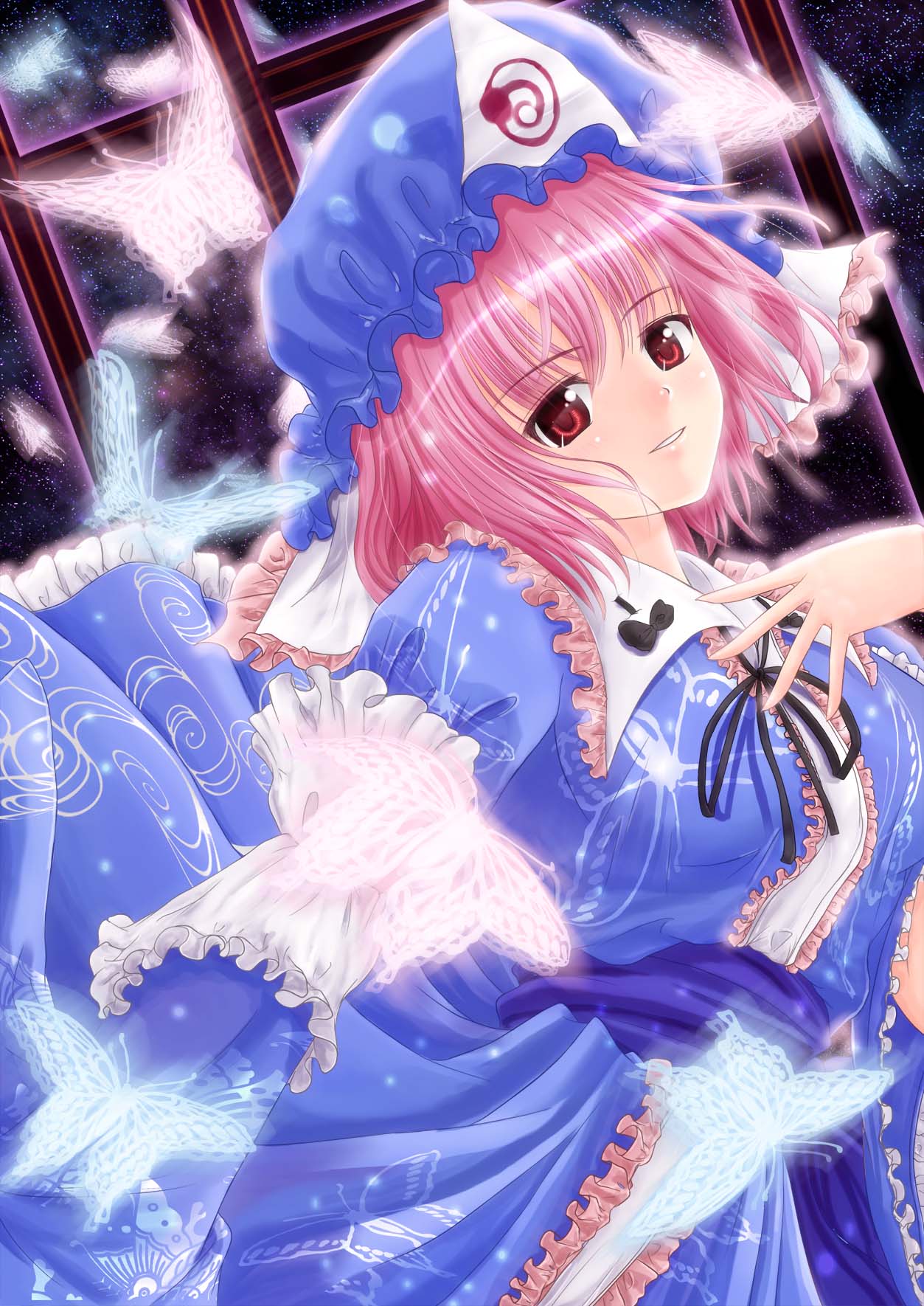 bust, butterfly, frills, hand_on_own_chest, hand_to_chest, hat, highres, jpeg_artifacts