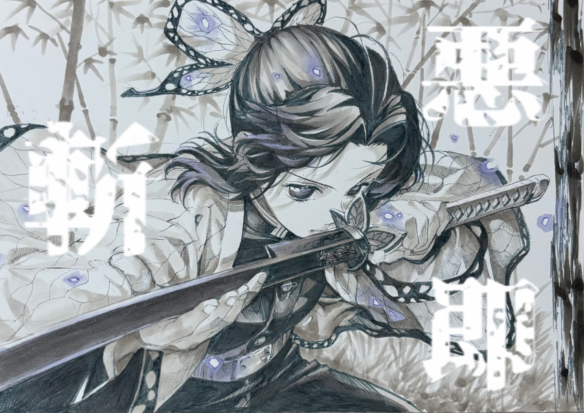 1girl, bamboo, bamboo_forest, belt, black_hair, bow, bug, butterfly