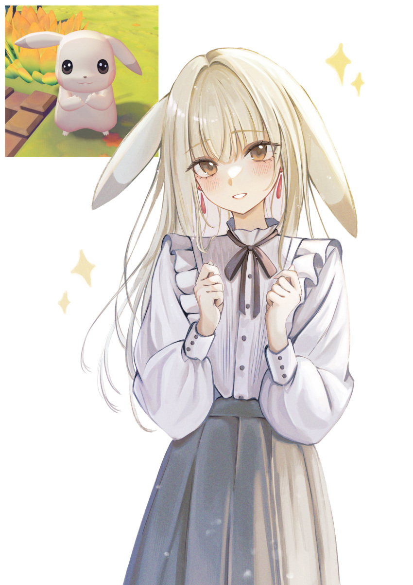 0_tsunamayo_0, 1girl, absurdres, black_ribbon, black_skirt, brown_eyes, commentary_request, creature_and_personification