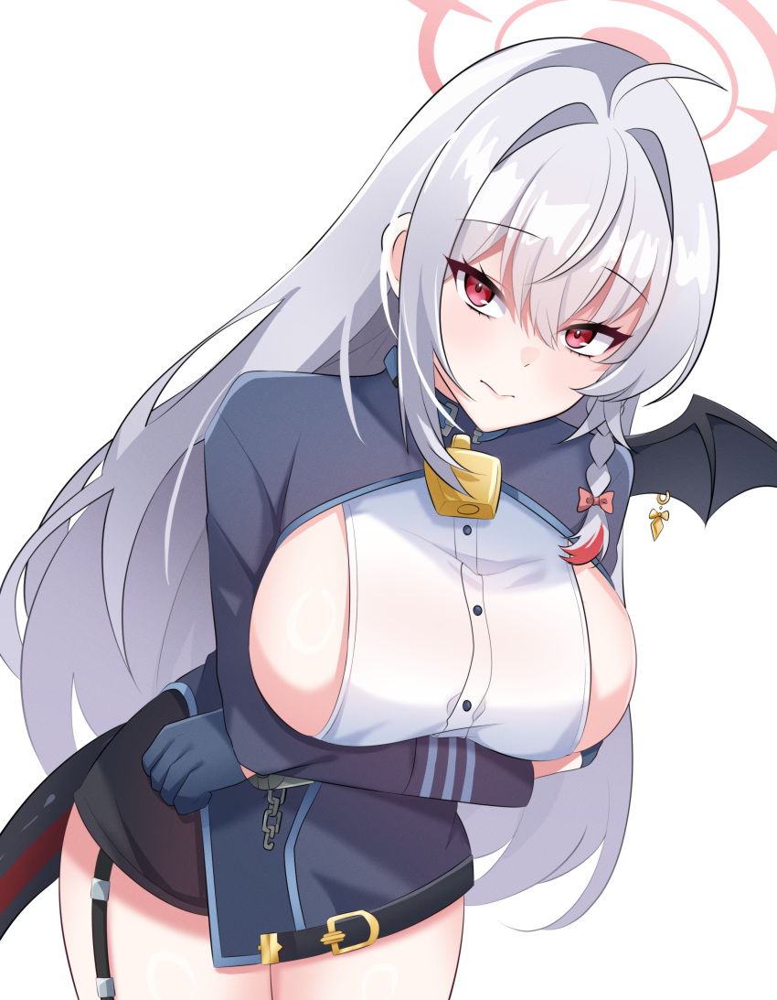 1girl, absurdres, ako_(blue_archive), ako_(blue_archive)_(cosplay), blue_archive, blush, braid, breasts, colored_tips, commentary_request, cosplay, hair_ornament, halo, haruna_(blue_archive), highres, long_hair, looking_at_viewer, multicolored_hair, red_eyes, red_halo, sideboob, single_wing, torasanth, white_background, white_hair, wings
