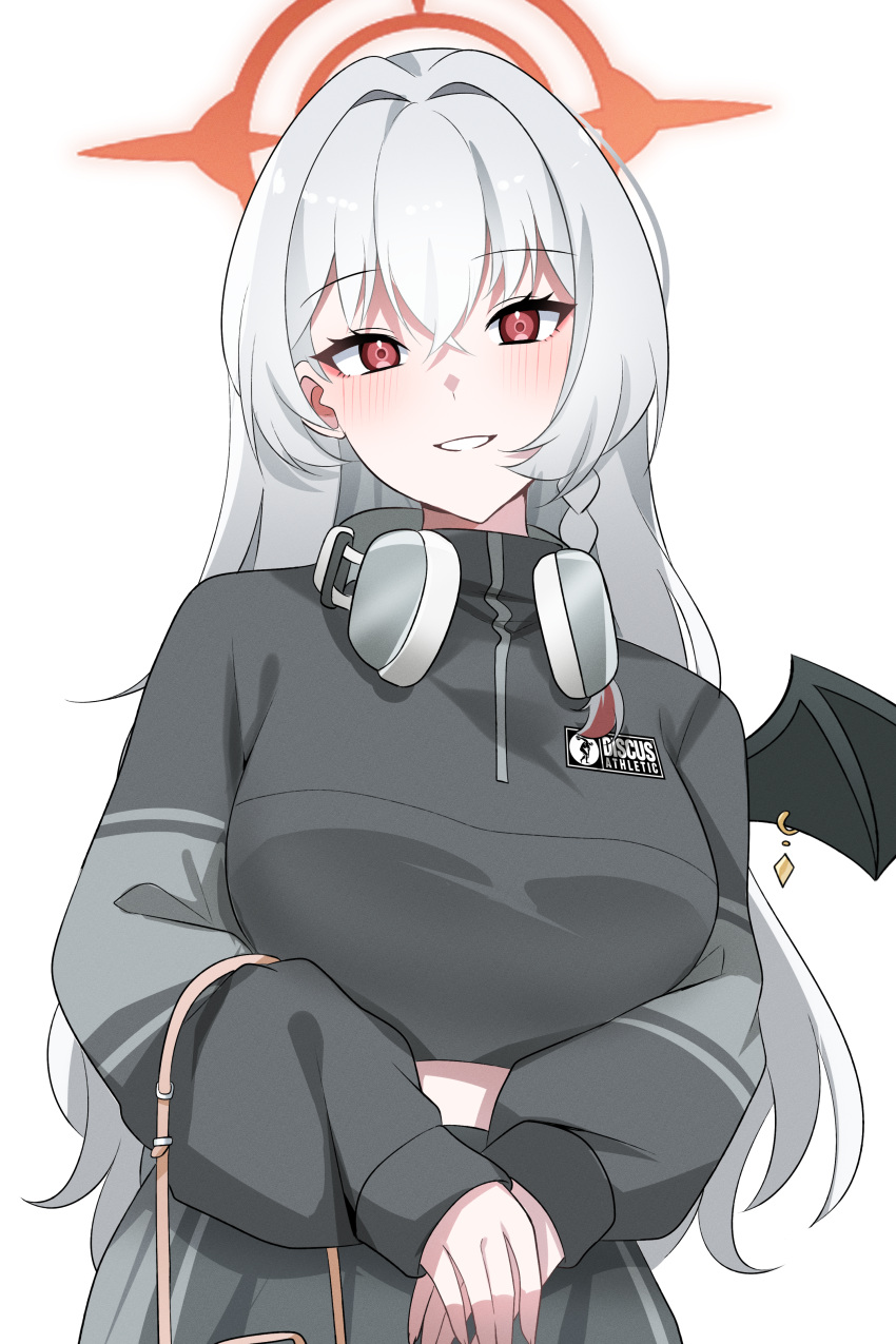 1girl, absurdres, bag, blue_archive, braid, commentary_request, earphones, halo